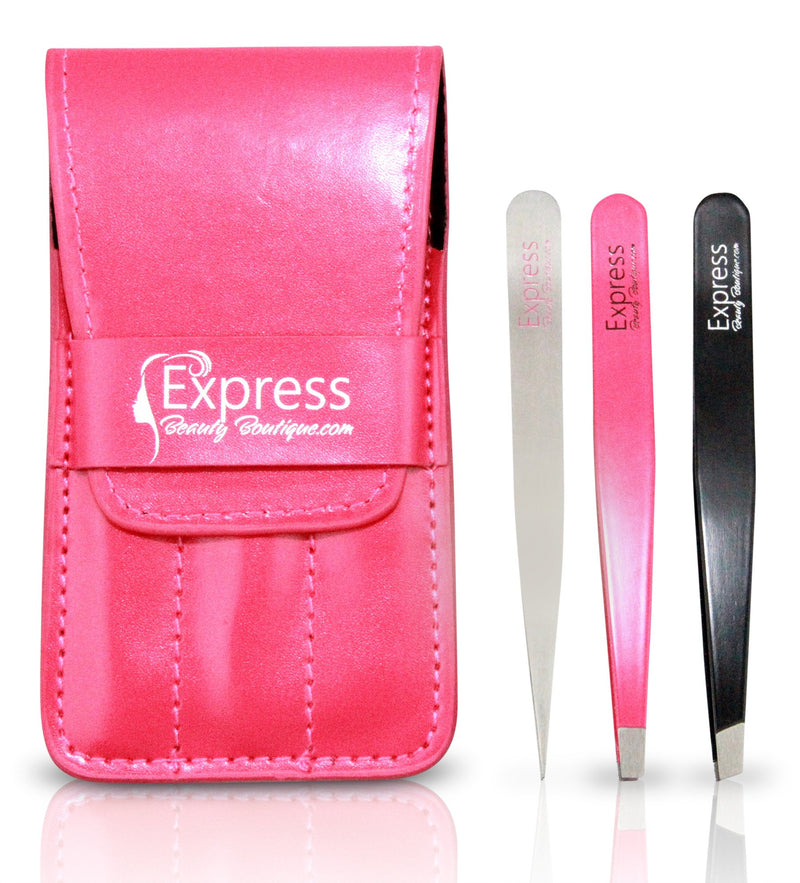 [Australia] - Express Beauty Boutique Tweezers 3pcs Set Pink Case Professional Quality Stainless Steel Precision Eyebrow Tweezer for Ingrown Hair Shaping Eyebrows. 