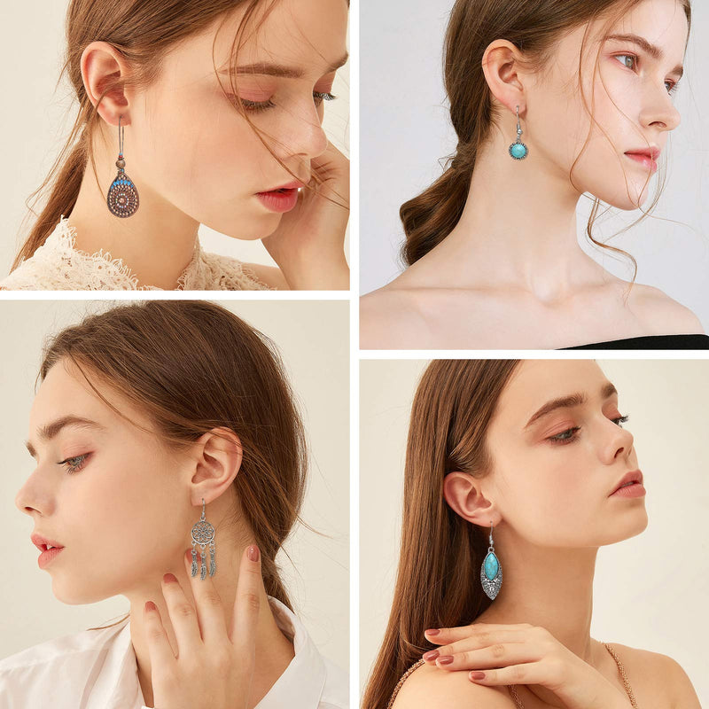 [Australia] - 36 Pairs Fashion Vintage Simulated Turquoise Drop Dangle Earrings Set for Women Girls Boho Hollow Waterdrop Leave Feather Silver Jewelry for Gifts 