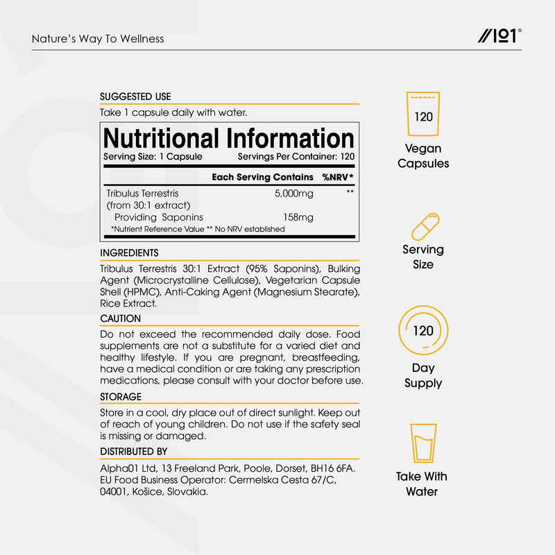 [Australia] - Tribulus Terrestris Extract 5000mg – High Strength 95% Saponins – Non GMO, Gluten Free, Halal – 120 Vegan Capsules 120 Count (Pack of 1) 