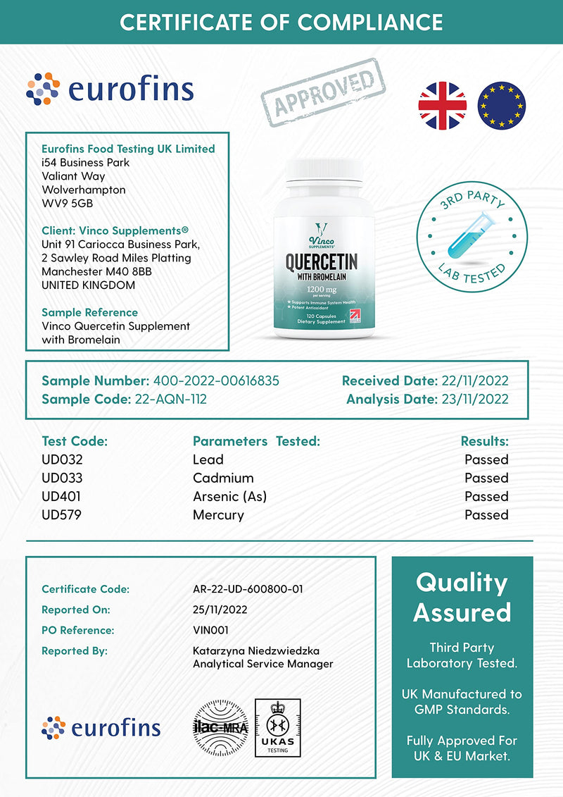 [Australia] - Vinco Quercetin with Bromelain Supplement - 1000mg Quercetin & 200mg Bromelain Per Serving � 120 High Strength Capsules - for Immune Support � Non-GMO & Gluten Free 