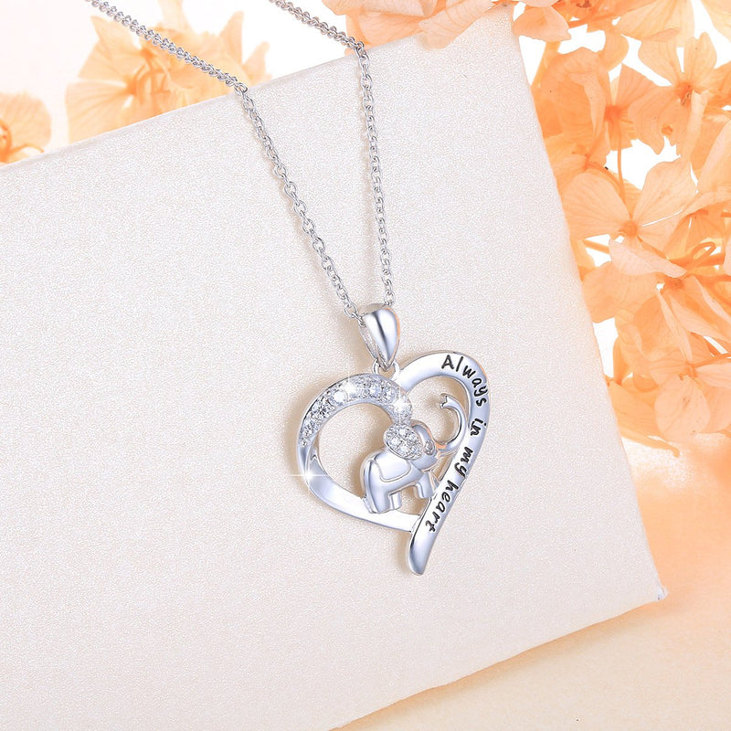 [Australia] - S925 Sterling Silver Lucky Elephant Love Heart Necklace for Women Daughter Girlfriend Always in My Heart Elephant 