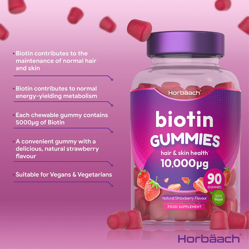 [Australia] - Biotin Gummies 10,000mcg | 90 Vegan Vitamins | for Hair Growth & Skin Health | Natural Strawberry Flavour | No Artificial Flavours or Sweeteners | von Horbaach 