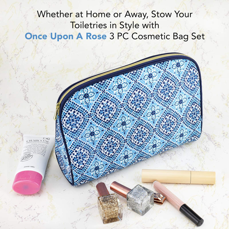 [Australia] - Once Upon A Rose 3 Pc Cosmetic Bag Set, Purse Size Makeup Bag for Women, Toiletry Travel Bag, Makeup Organizer, Cosmetic Bag for Girls Zippered Pouch Set, Large, Medium, Small (Navy & Blue) 