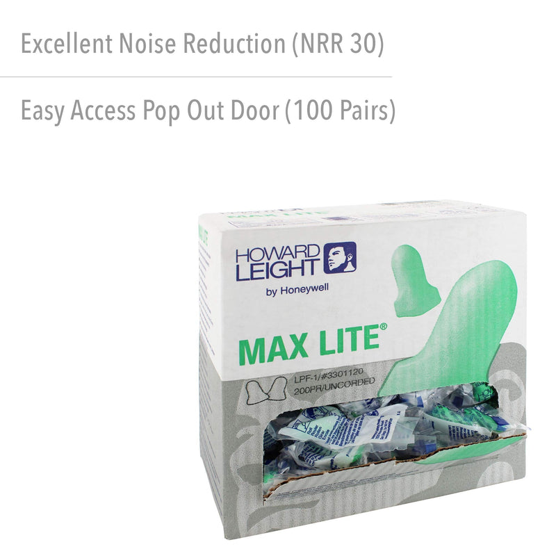 [Australia] - Howard Leight by Honeywell Max Lite Low Pressure Disposable Foam Earplugs, 200-Pairs (LPF-1), Green 