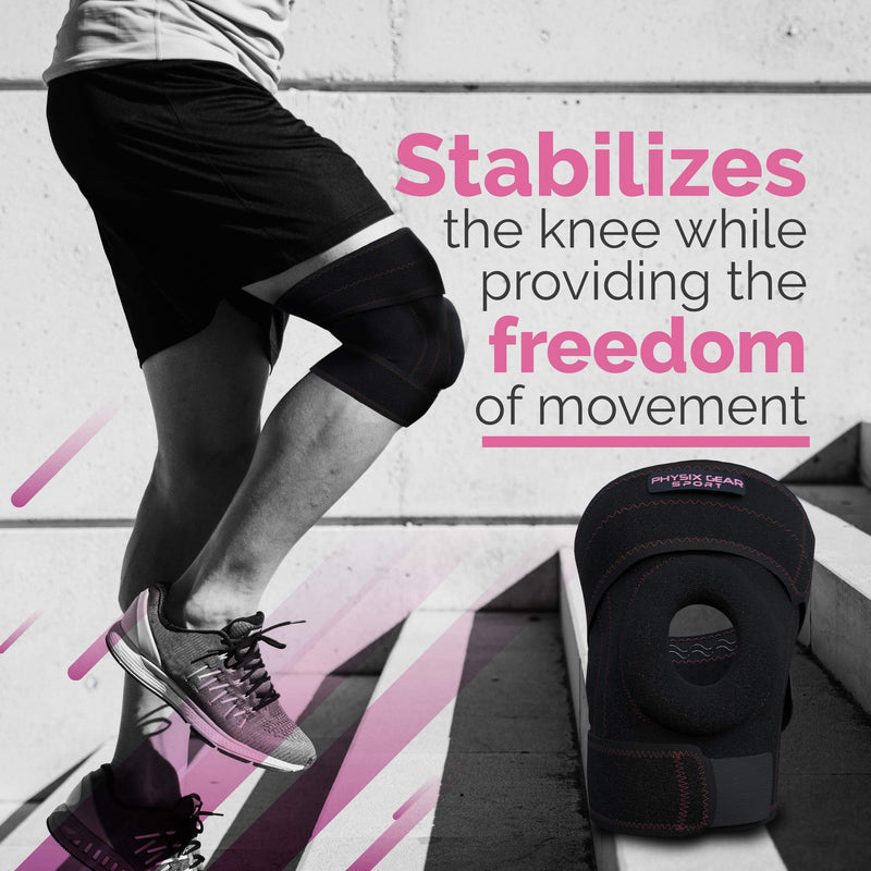 [Australia] - Physix Knee Brace with Side Stabilizers & Adjustable Straps - Knee Brace for Meniscus Tear, Knee Wraps for Pain, ACL, MCL, OA, Running, Workouts - Open Patella Knee Braces for Men & Women (Single) XL - Upper 22"-24" | Lower 20"-22" Black/Pink (Single) 
