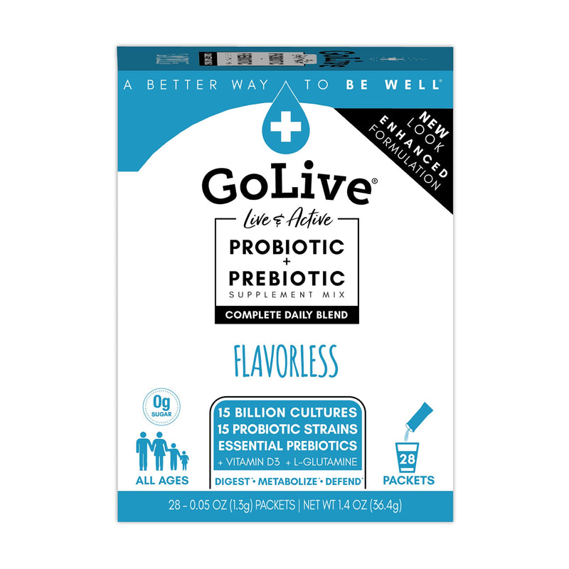 [Australia] - GoLive FLAVORLESS/SUGARLESS Synbiotic (Probiotics + Prebiotics) for Adults & Kids; +15 Billion CFUs; 15 Clinical Strains. Formulated and Recommended by MDs and RDs for Digestion, Metabolism, Immunity. Daily Essentials Unflavored 28 Count (Pack of 1) 