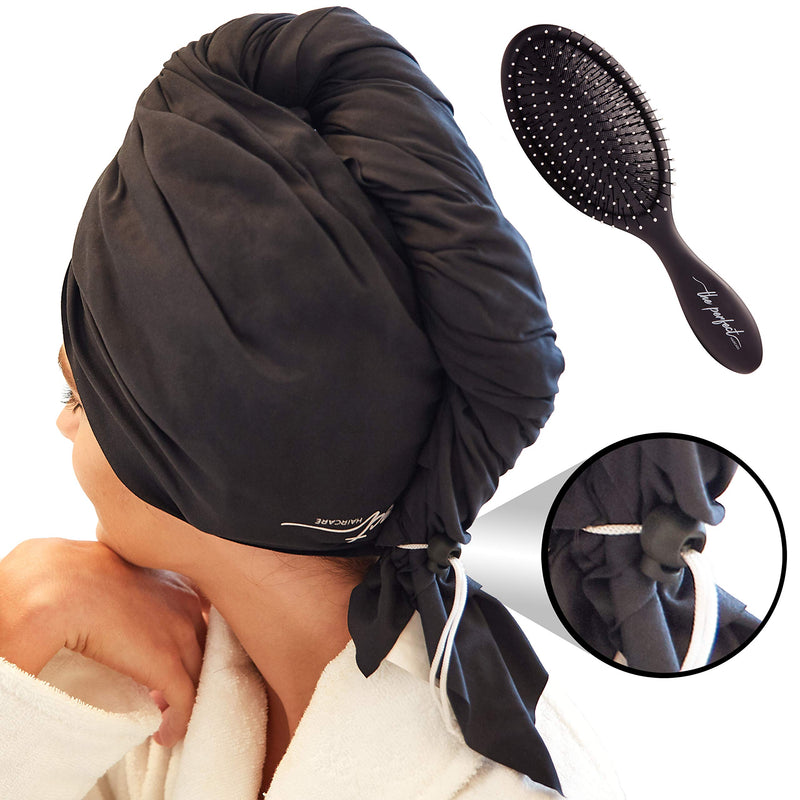 [Australia] - Ultra-Fine Microfiber Hair Towel Wrap - The Perfect Haircare - Anti-frizz Fast Drying Turban with Wet/Dry Brush Black 