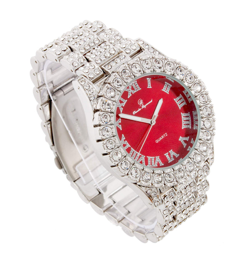 [Australia] - Mens Big Rocks with Roman Numerals Fully Iced Out Colorful Dial Watch - ST10327 RN Single Blood Red/Silver 