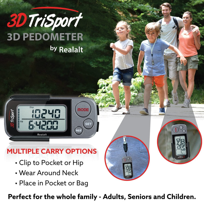 [Australia] - 3DTriSport Walking 3D Pedometer with Clip and Strap, Free eBook | 30 Days Memory, Accurate Step Counter, Walking Distance Miles/Km, Calorie Counter, Daily Target Monitor, Exercise Time. Grey/Black 