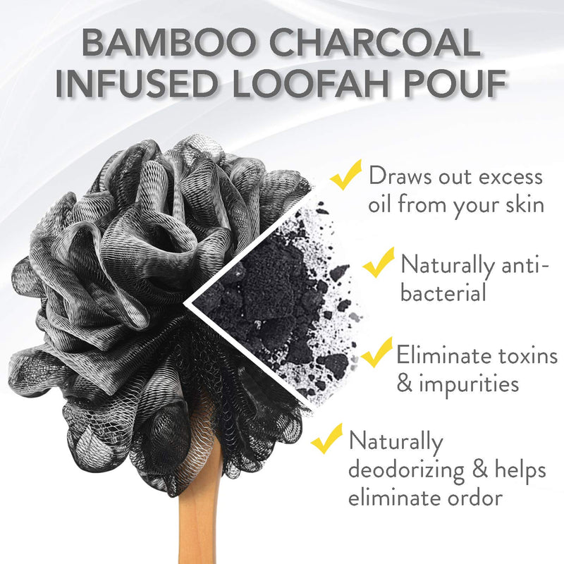 [Australia] - YOOVE Loofah Back Scrubber with Bamboo Charcoal | Loofah Sponge with Long Handle for Shower | Exfoliating Luffa Bath Sponge for Body & Back 