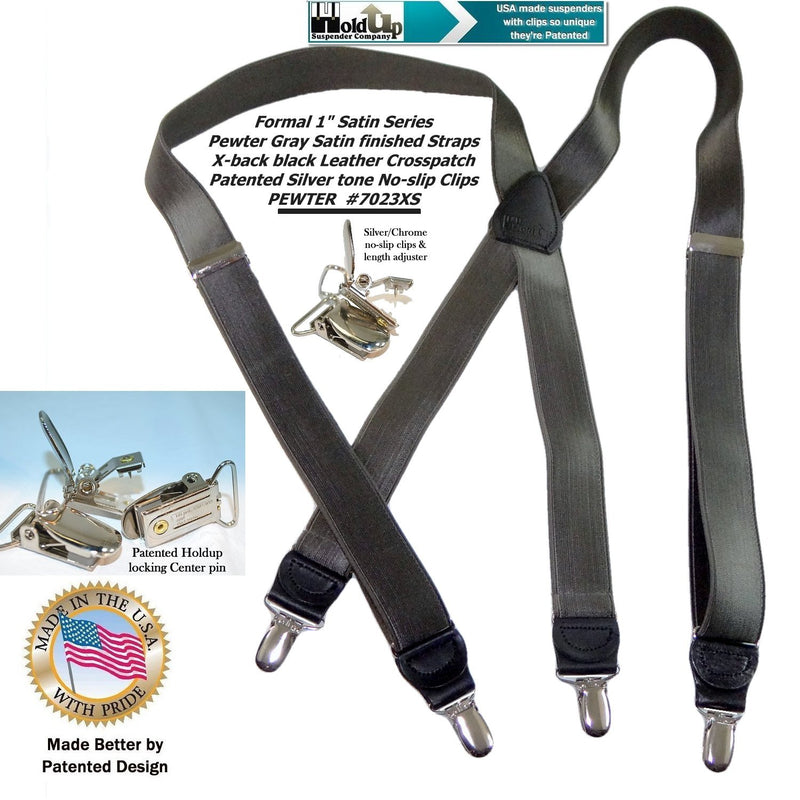 [Australia] - Holdup Brand dark Pewter Grey Satin Finished 1" narrow X-back Suspenders with Silver tone Silver No-slip clips 