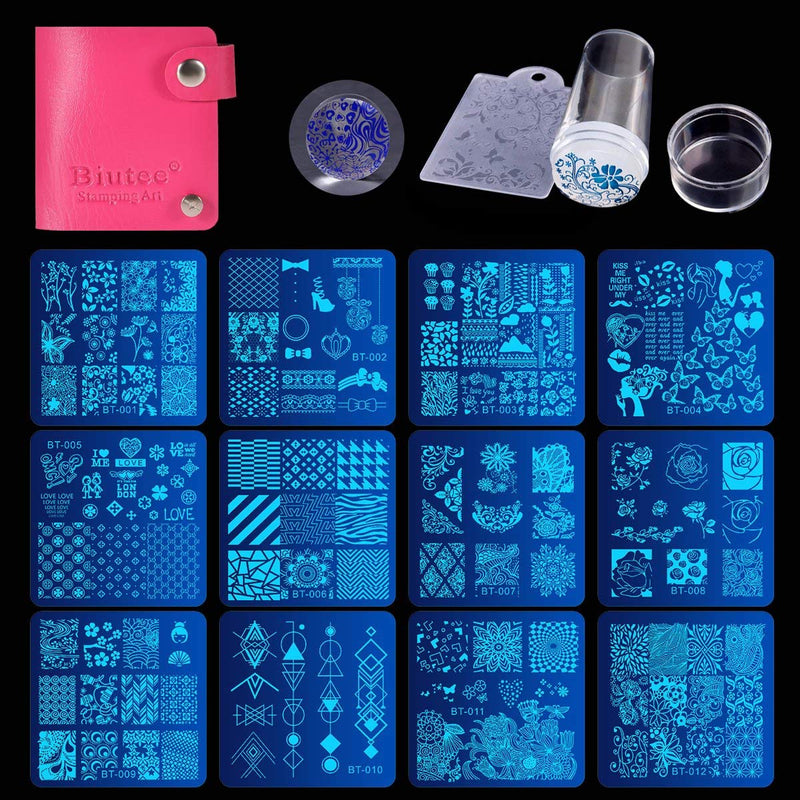 [Australia] - Biutee Nail Stamping Plates Set 12pcs Templates 8 Colors Nail Stamping Polish Gel Nail Stamper Scraper Storge Bag Nail Art Plates Set Animal Flower Design 8pcs polish gel with plates 