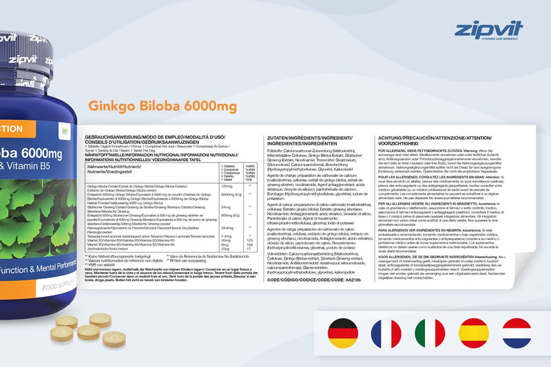 [Australia] - Ginkgo Biloba 6000mg Standardised Leaf Extract, 360 Vegan Tablets with Vitamin B3 and B5. Vegetarian Society Approved. UK Manufactured. 12 Months Supply. 