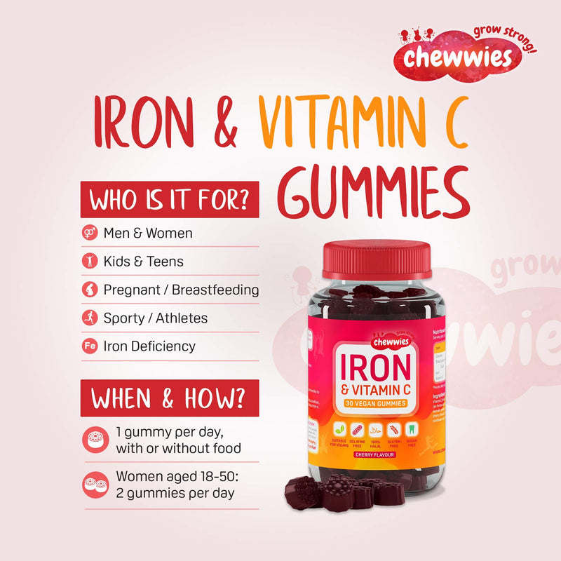 [Australia] - Iron & Vitamin C - Vegan Chewable Gummies - Sugar Free Ferrous Sulfate Iron | Helps Strengthen Your Immune System | 1-Month Supply by Chewwies Vitamins 