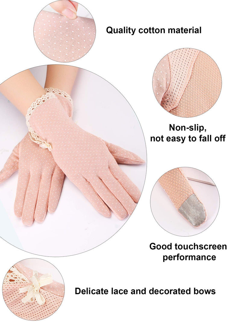 [Australia] - 4 Pairs Summer UV Protection Sunblock Gloves Non-slip Touchscreen Driving Gloves Bowknot Floral Gloves for Women Girls (Black, Grey, Khaki, Pink) 
