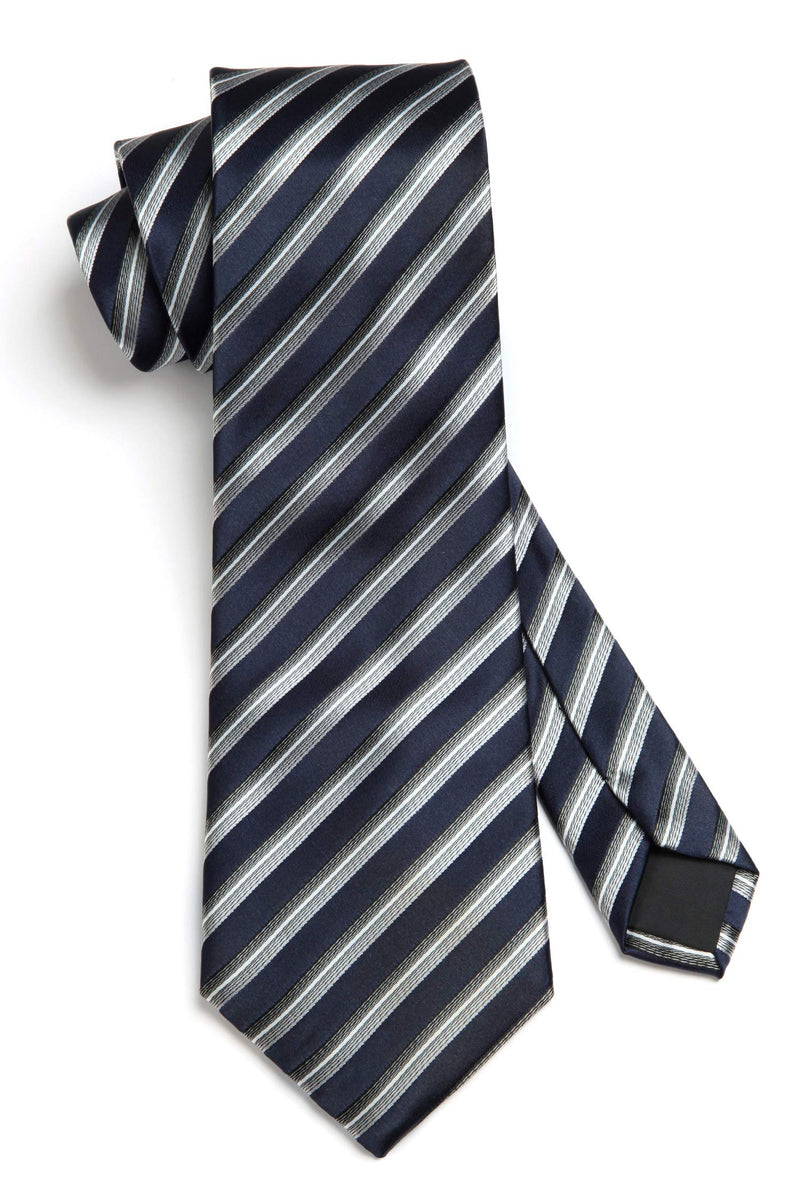 [Australia] - HISDERN Men's Striped Tie Woven Classic Necktie for Men With Pocket Square Set Formal Wedding 01-navy Blue & Silver 