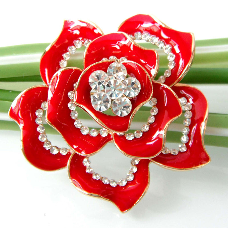 [Australia] - Navachi 18k Gold Plated Crystal Rose Flower Enamel Brooch pins Red 