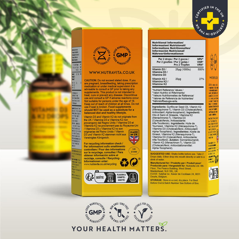 [Australia] - High Strength Vitamin D3 K2 MK7 Drops - Vitamin D 1000IU & K2 20ug per 2 Drops - 60ml Liquid Vitamin D3 and K2-1+ Year Supply Supports Immune System, Normal Bones, Muscles & Teeth 