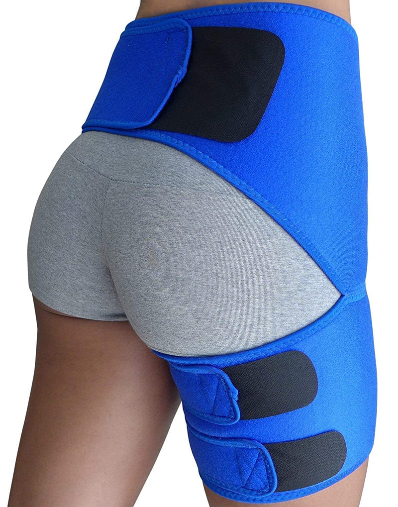 [Australia] - Hip Brace - Hamstring Thigh Compression Support - Sciatica Pain Relief Brace - Wrap for Hip Flexor Strain, Groin Pull, SI Joint, Arthritis, Bursitis, Sciatic Nerve for Men, Women (Blue) Blue 