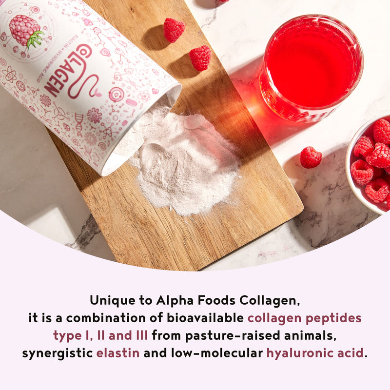 [Australia] - Collagen with Elastin and Hyaluronic Acid - Powder - Premium Hydrolysed Bovine Collagen Peptides Type I, II and III - Without Additives - Raspberry Flavour - 450 Grams 