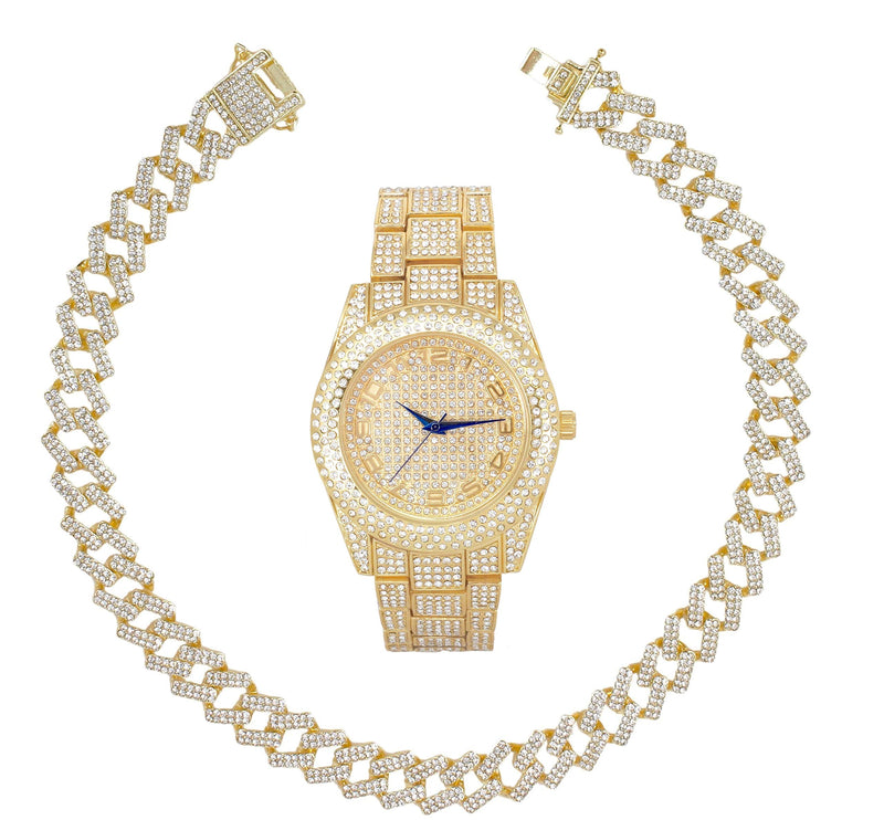 [Australia] - Ice on Blast! Bling'ed Out Hip Hop Rolly Looks with Ice on Watch Trim and Band with Matching Zig Zag Bling'ed Out Necklace Sets - ZZ Necklace Sets ST10328 Gold/Gold 