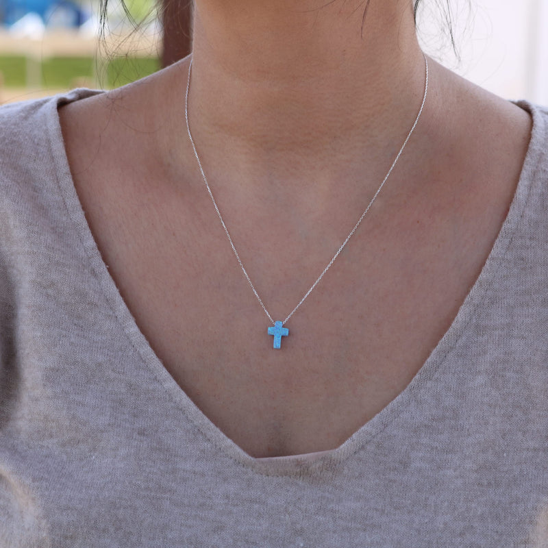 [Australia] - Women's Mini Blue Created Opal Cross Dainty Minimalist Pendant Necklace with 925 Sterling Silver Chain 16+2 inches Light Blue 