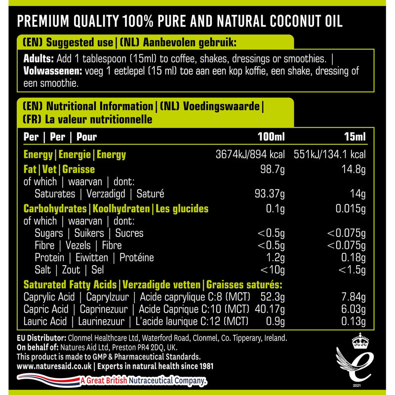 [Australia] - Natures Aid 100 Percent MCT Oil, Premium Coconut Oil, Sustainably Sourced, Add to Coffees or Shakes, Vegan, 500 ml 