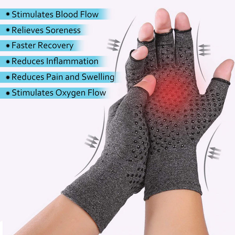 [Australia] - 1 Pair Compression Arthritis Gloves Fingerless Hand Wrist Support Joint Pain Relief for Men & Women Grey - (1 Dotted Pair Medium + 1 Massager Ball) & Mesh Bag M 