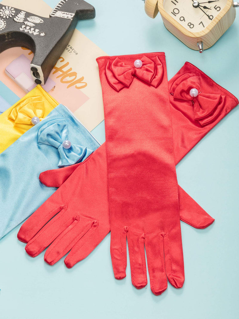 [Australia] - Zhanmai 6 Pairs Girls Satin Gloves Princess Dress Up Bows Gloves Long Formal Gloves for Party, Ages 3 to 8 Years Old Sky Blue, Red, Purple, Pink, White and Yellow 