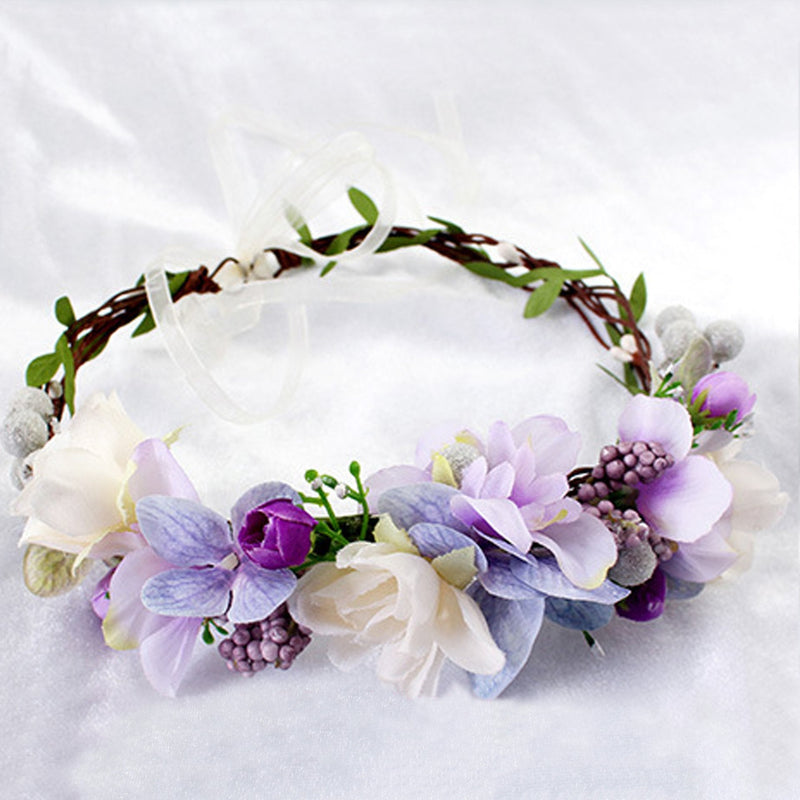 [Australia] - Floral Wreath Headband Bride Flower Crown Hair Wreath Hair Garland Flower Halo Floral Headpiece Boho with Ribbon Wedding Party Festival Purple, One Size 1 