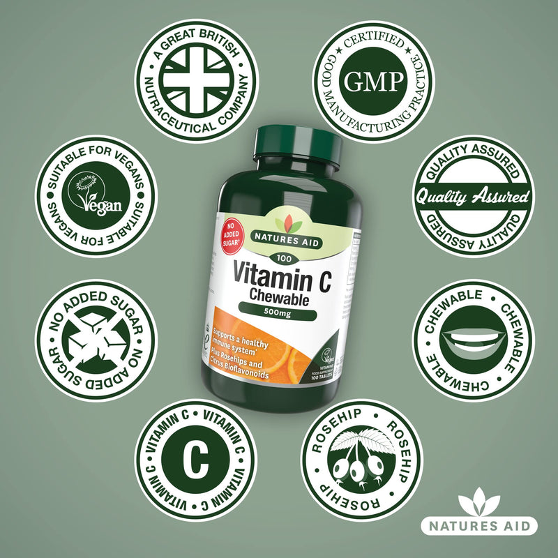 [Australia] - Natures Aid Chewable Vitamin C 500 mg, Sugar Free, Suitable for Vegans, 100 Tablets 