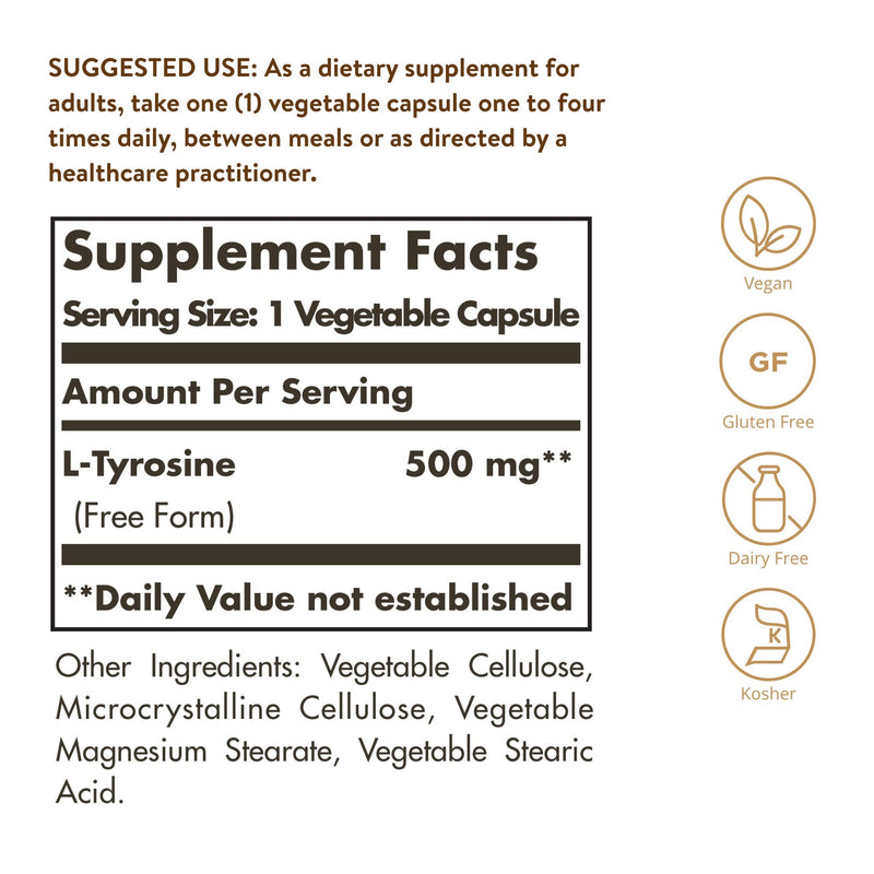 [Australia] - Solgar L-Tyrosine 500 mg, 100 Vegetable Capsules - Brain & Nervous System Support - Vegan, Gluten Free, Dairy Free, Kosher - 100 Servings 