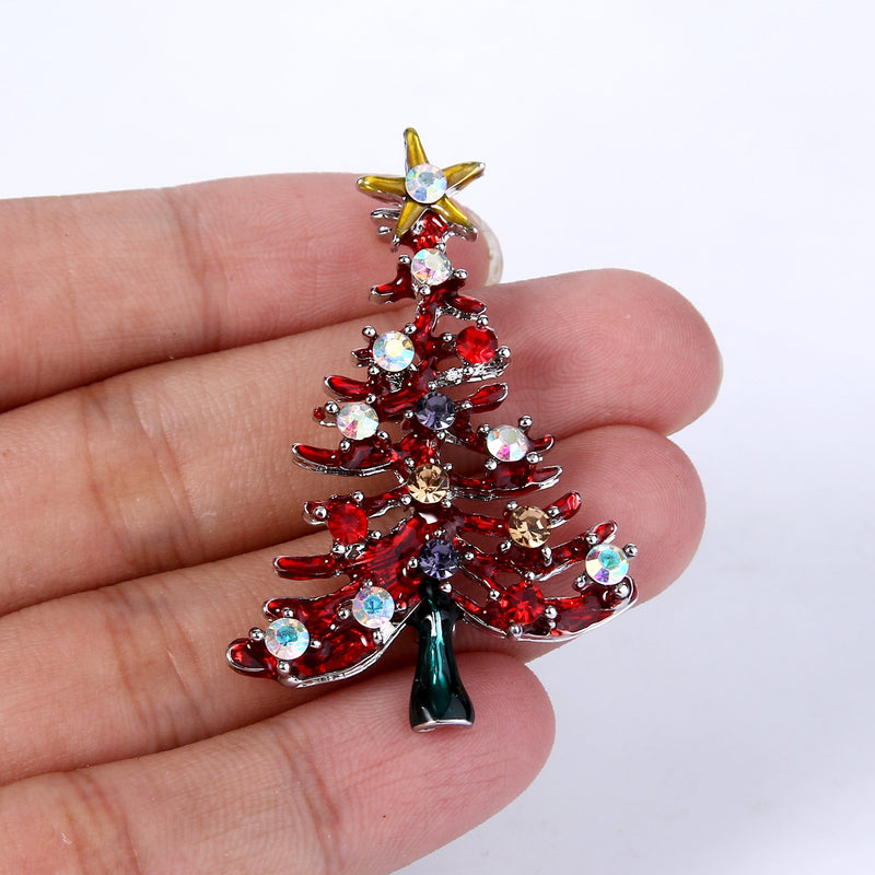 [Australia] - EVER FAITH Crystal Enamel Yellow Star Christmas Tree Brooch Pin Red Silver-Tone 