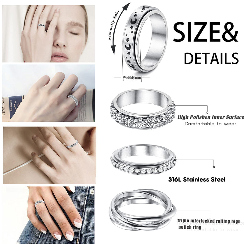 [Australia] - Jstyle 4Pcs Stainless Steel Fidget Band Rings Spinner Rings for Women Anxiety Ring Triple Interlocked Rolling Flower Moon Star Ring Celtic Stress Relieving Reduce Anxiety 5 