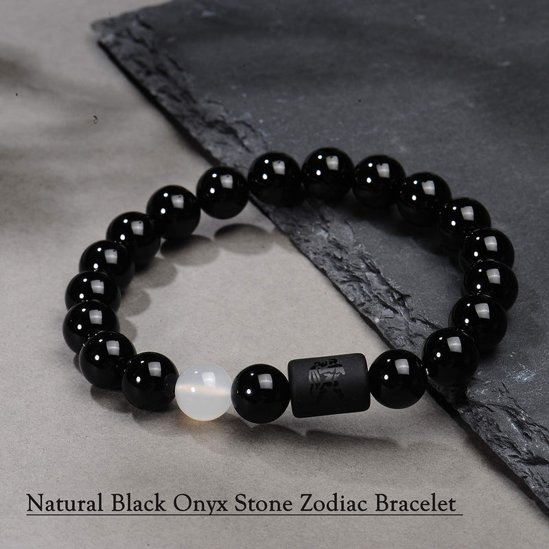 [Australia] - VLINRAS Zodiac Bracelet for Men Women, 8mm 10mm Natural Black Onyx Stone Star Sign Constellation Horoscope Bracelet Gifts aquarius (fit big wrist: 7.7”-8.3”）-10mm beads 
