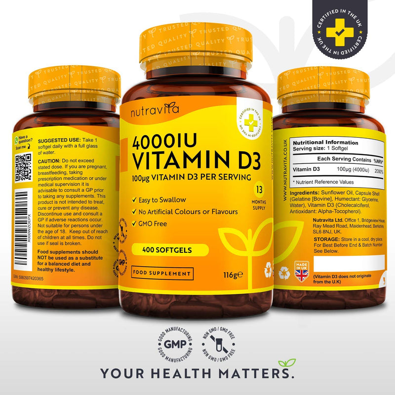 [Australia] - Vitamin D 4000 iu - 400 High Strength Easy to Swallow Premium Softgels - Over A Year's Supply (One a Day) - Maximum Strength Vitamin D3 Cholecalciferol Supplement - Manufactured in The UK by Nutravita 