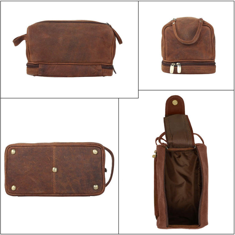 [Australia] - Genuine Leather Travel Toiletry Bag - Dopp Kit Organizer By Rustic Town (Brown) Brown 