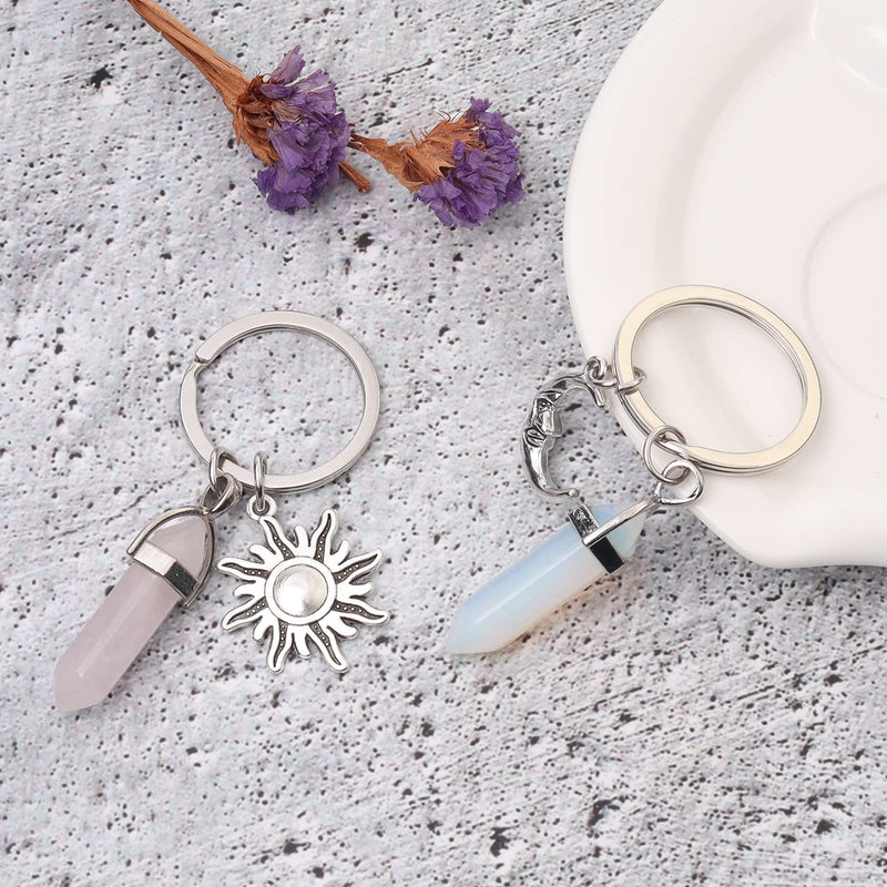 [Australia] - Filluck 2Pcs Crystal Keychain with Moon&Sun Charms,Healing Chakra Opal Stone&Rose Quartz Pendant,Keychains for Women Gifts Multi1 