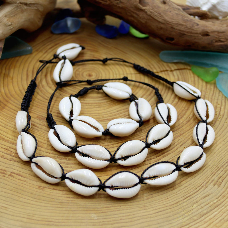 [Australia] - FROG SAC Cowrie Shell Necklace Anklet Bracelet for Women, VSCO Girl Stuff, Necklaces for Girls, Surfer Seashell Bracelets, Beachy Hawaiian Jewelry Things Black Natural Necklace/Anklet/Bracelet 