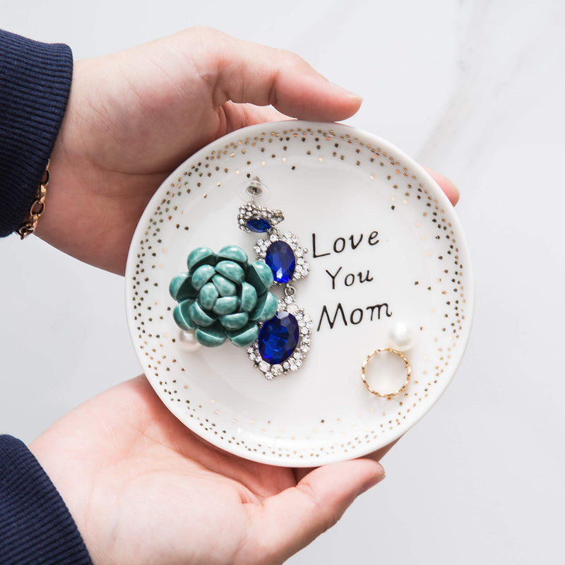 [Australia] - Jojuno Mom Gift Ring Holder Dish Ceramic Succulents Decorative Trinket Plate - 4.5 Inches Diameter Jewelry Dish Tray- Love You Mom Birthday Xmas Gift 