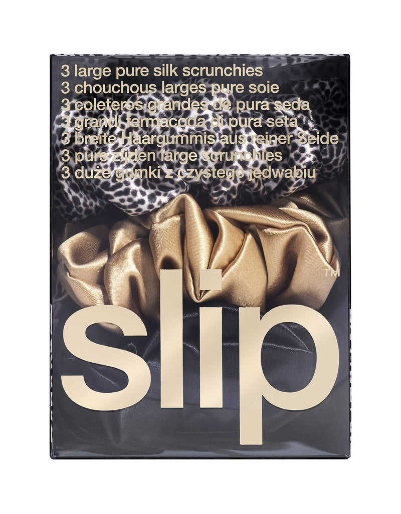 [Australia] - Slip Silk Large Scrunchies in Gold, Black, and Leopard - 100% Pure 22 Momme Mulberry Silk Scrunchies for Women - Hair-Friendly + Luxurious Elastic Scrunchies Set (3 Scrunchies) 3 Count (Pack of 1) Gold, Black & Leopard 