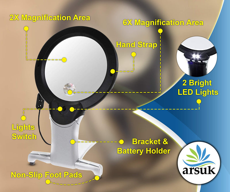 [Australia] - ARSUK Magnifying Glass with Light 2X 6X Magnification Combo Large Hands Free Reading Magnifier Neck Hanging Cord & Desk Stand for Crafts Sewing Cross Stitch Hobby Jewelry Repair 