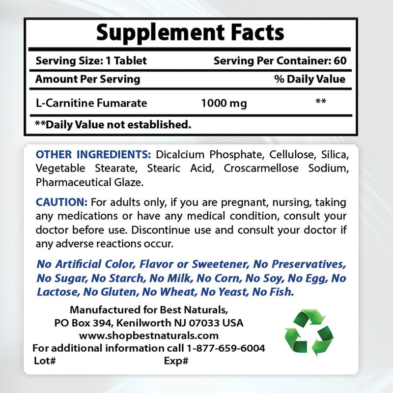 [Australia] - Best Naturals L-Carnitine 1000mg 60 Tablets 
