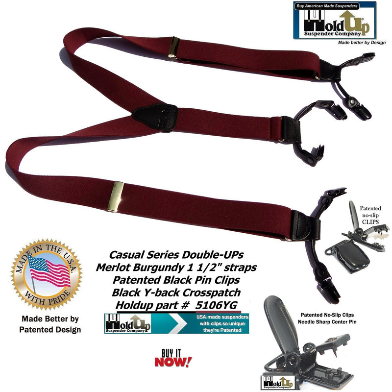 [Australia] - Holdup Suspender Company dark Merlot Burgundy wine colored Double-Up style Y-back Suspenders with Patented black No-slip Clips. 