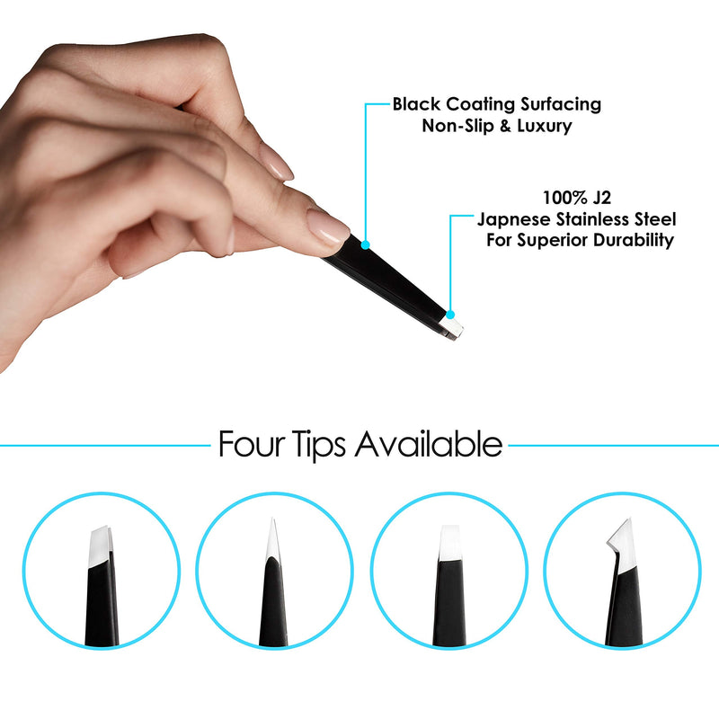 [Australia] - Candure Tweezers for Eyebrows - Professional Stainless Steel Slanted and Pointed Tip Hair tweezers Set for Ingrown Hair, Blackhead Removal, Eyelash Extension, Eyebrows Plucking Beauty Tool for Women Black 