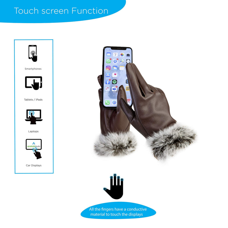 [Australia] - AXELENS Women's Gloves Touch Screen in Eco Leather Elegant Fleece Interior with Soft Eco Fur Cuff Winter Brown 