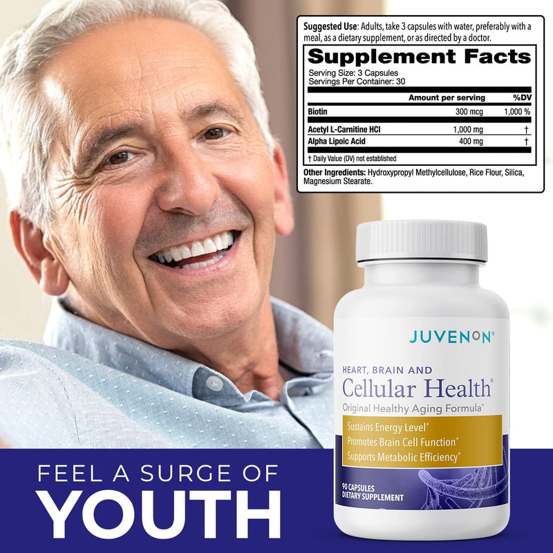 [Australia] - Juvenon Cellular Health Brain Supplement Nootropic Booster for Focus Memory Clarity Energy Advanced Brain Support Supplements for Healthy Aging Men and Women with Acetyl L-Carnitine and Biotin, 90 Capsules 90 Tablets 