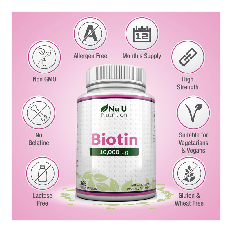 [Australia] - Biotin Hair Growth Supplement - 365 Vegan Tablets (Full Year Supply) - Biotin 10,000mcg by Nu U Nutrition 