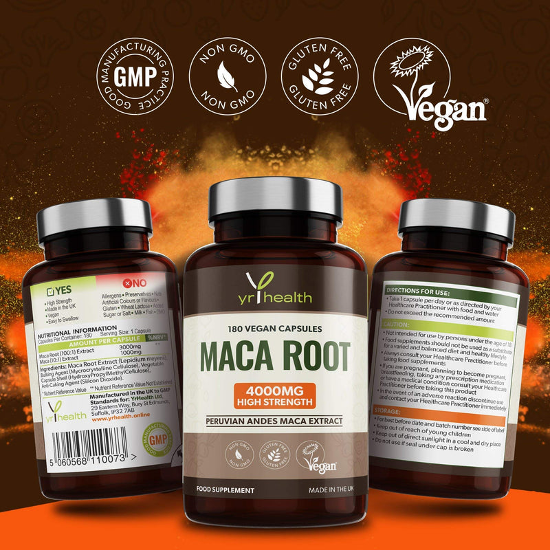[Australia] - Maca Root Capsules 4000mg , 180 Vegan High Strength Peruvian Black Maca Extract Capsules, Natural Booster, Sexual Health Supplement for Men and Women - Made in the UK by YrHealth 