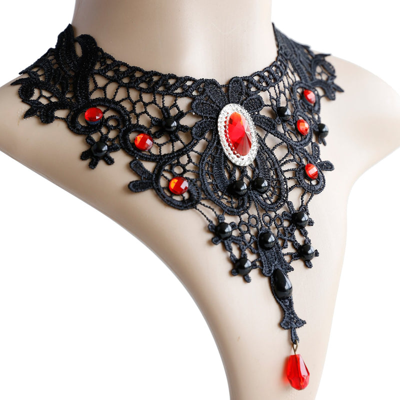 [Australia] - ETERNITY J. Elegant Vintage Black Lace Victorian Lolita Gothic Pendant Choker Necklace Earrings Set Red 